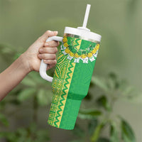 Fiji Lovoni Tumbler With Handle Fijian Tapa Salusalu Green Glitter