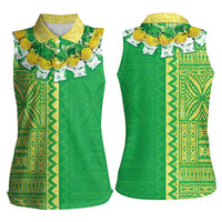 Fiji Lovoni Women Sleeveless Polo Shirt Fijian Tapa Salusalu Green Glitter