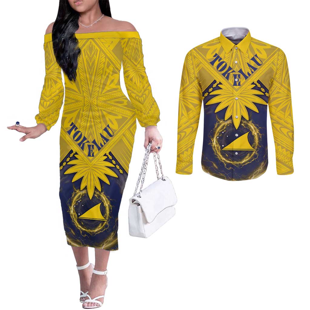 Tokelau Tokehega Day Couples Matching Off The Shoulder Long Sleeve Dress and Long Sleeve Button Shirt National Badge Special Style - Polynesian Pride
