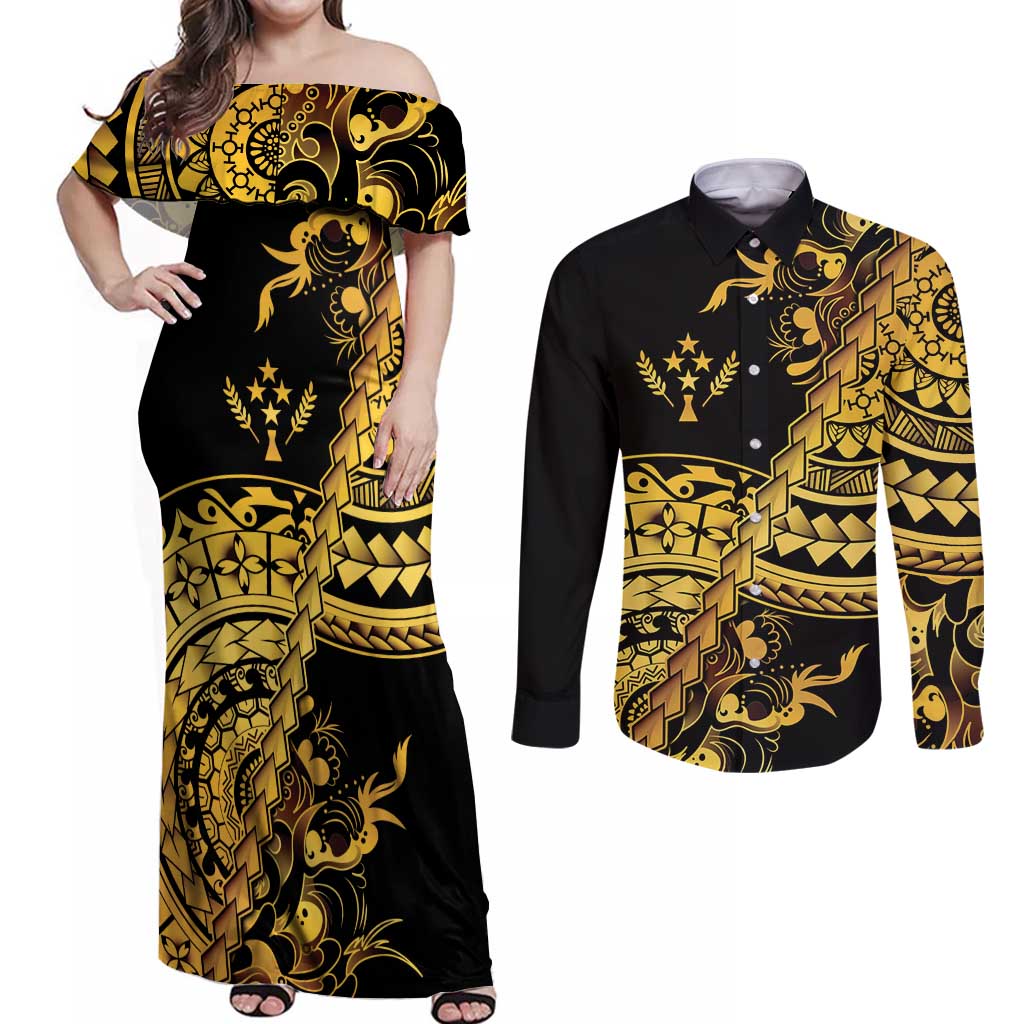 Kosrae Liberation Day Couples Matching Off Shoulder Maxi Dress and Long Sleeve Button Shirt Polynesian Floral Tattoo - Polynesian Pride