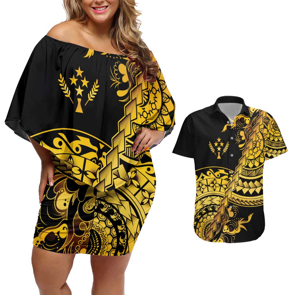 Kosrae Liberation Day Couples Matching Off Shoulder Short Dress and Hawaiian Shirt Polynesian Floral Tattoo - Polynesian Pride