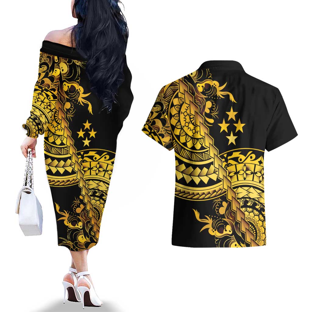 Kosrae Liberation Day Couples Matching Off The Shoulder Long Sleeve Dress and Hawaiian Shirt Polynesian Floral Tattoo - Polynesian Pride