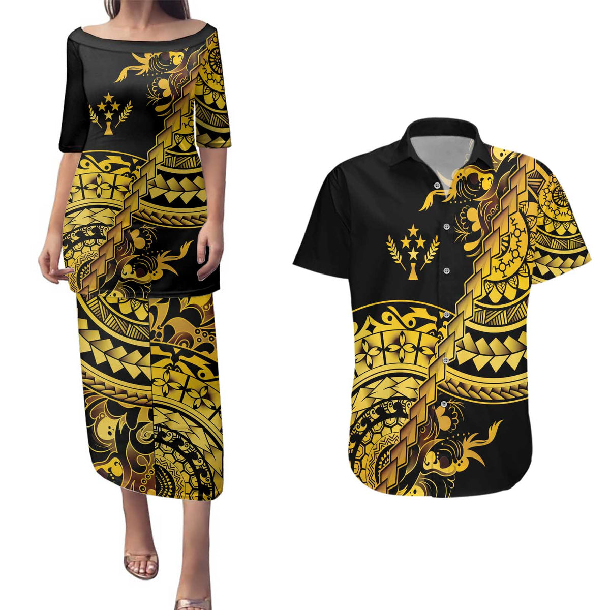 Kosrae Liberation Day Couples Matching Puletasi and Hawaiian Shirt Polynesian Floral Tattoo - Polynesian Pride