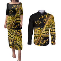 Kosrae Liberation Day Couples Matching Puletasi and Long Sleeve Button Shirt Polynesian Floral Tattoo - Polynesian Pride