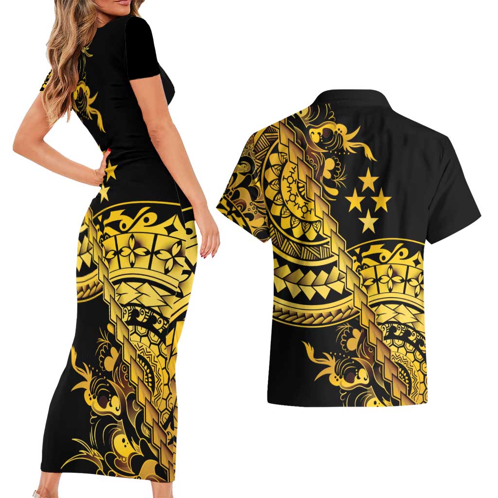 Kosrae Liberation Day Couples Matching Short Sleeve Bodycon Dress and Hawaiian Shirt Polynesian Floral Tattoo - Polynesian Pride