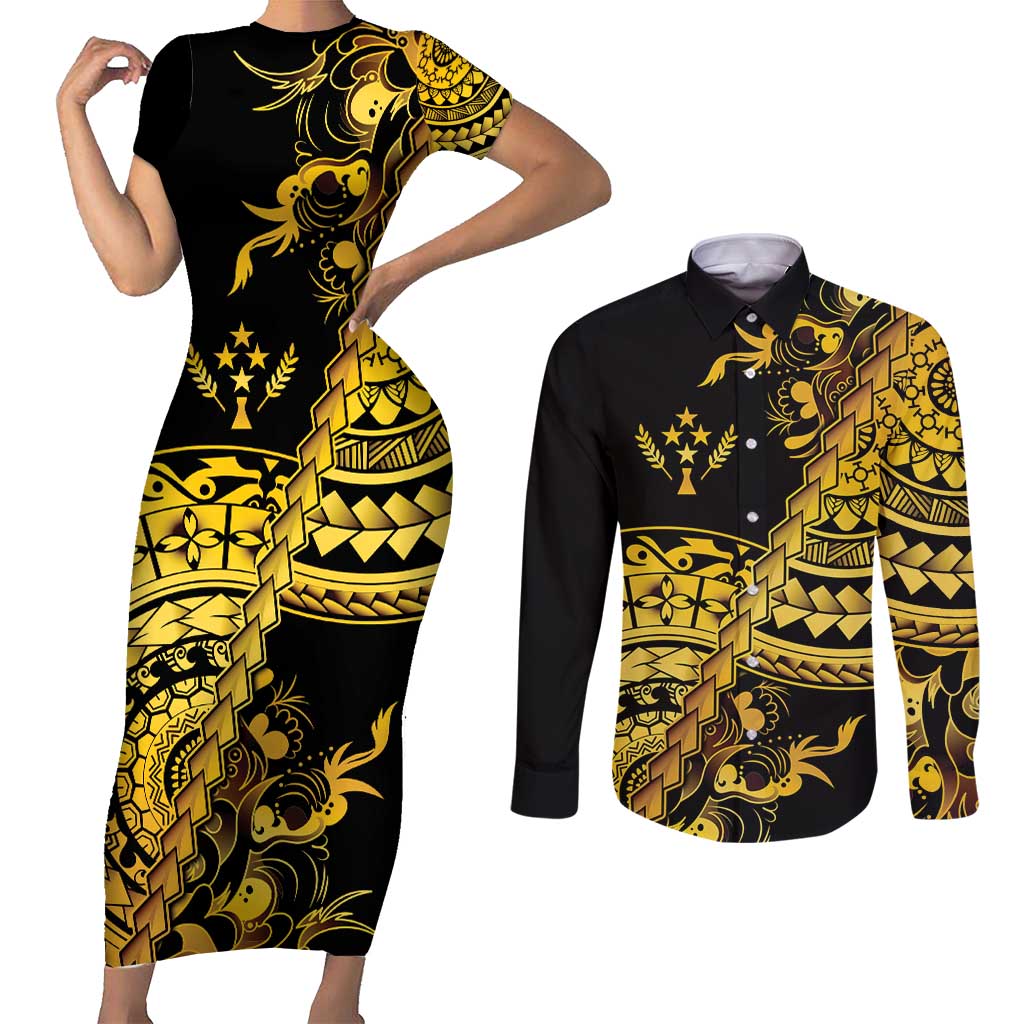 Kosrae Liberation Day Couples Matching Short Sleeve Bodycon Dress and Long Sleeve Button Shirt Polynesian Floral Tattoo - Polynesian Pride