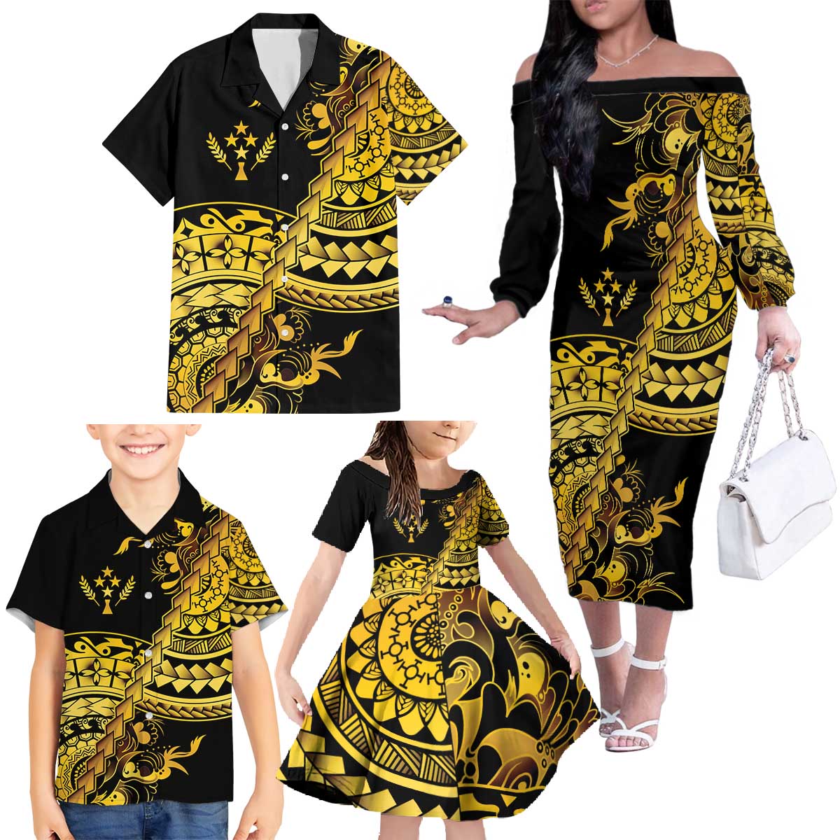 Kosrae Liberation Day Family Matching Off The Shoulder Long Sleeve Dress and Hawaiian Shirt Polynesian Floral Tattoo - Polynesian Pride