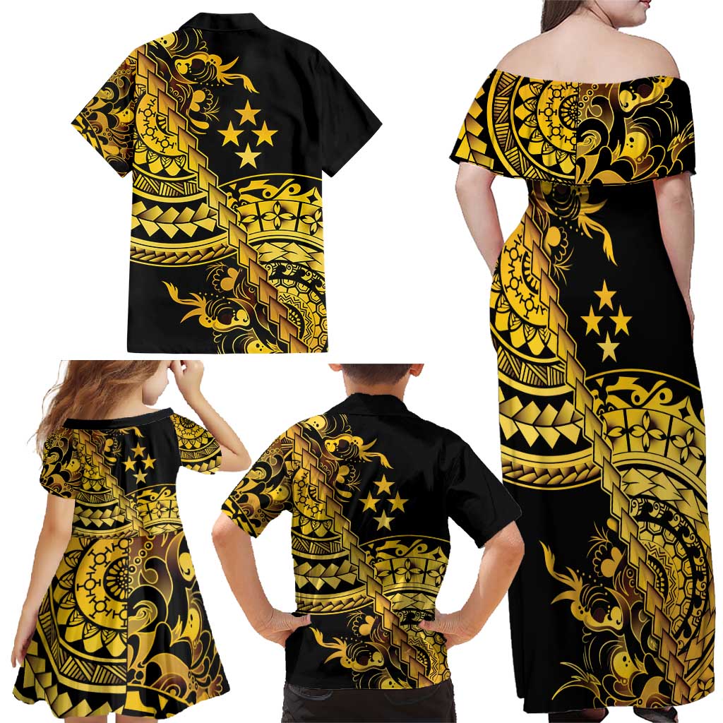 Kosrae Liberation Day Family Matching Off Shoulder Maxi Dress and Hawaiian Shirt Polynesian Floral Tattoo - Polynesian Pride