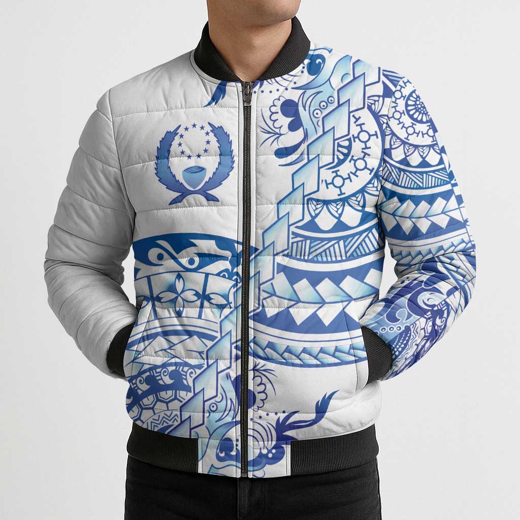 Pohnpei Liberation Day Bomber Puffer Jacket Polynesian Floral Tattoo - Polynesian Pride