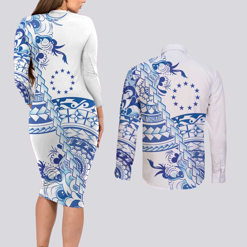 Pohnpei Liberation Day Couples Matching Long Sleeve Bodycon Dress and Long Sleeve Button Shirt Polynesian Floral Tattoo - Polynesian Pride