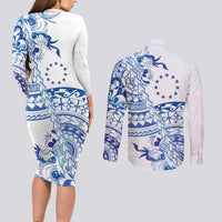 Pohnpei Liberation Day Couples Matching Long Sleeve Bodycon Dress and Long Sleeve Button Shirt Polynesian Floral Tattoo - Polynesian Pride