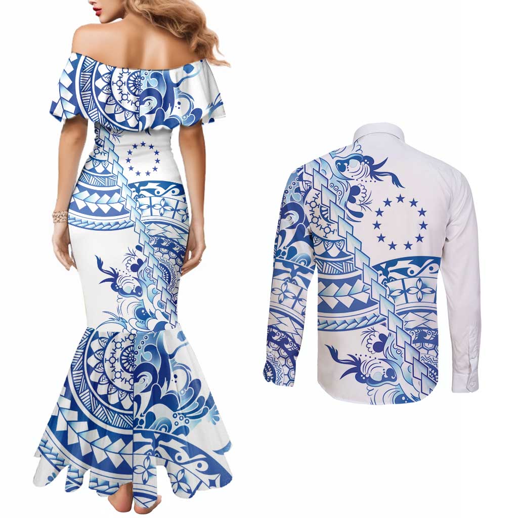Pohnpei Liberation Day Couples Matching Mermaid Dress and Long Sleeve Button Shirt Polynesian Floral Tattoo - Polynesian Pride