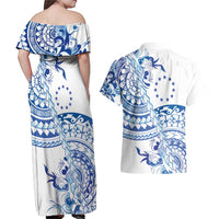 Pohnpei Liberation Day Couples Matching Off Shoulder Maxi Dress and Hawaiian Shirt Polynesian Floral Tattoo - Polynesian Pride
