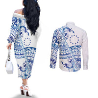 Pohnpei Liberation Day Couples Matching Off The Shoulder Long Sleeve Dress and Long Sleeve Button Shirt Polynesian Floral Tattoo - Polynesian Pride