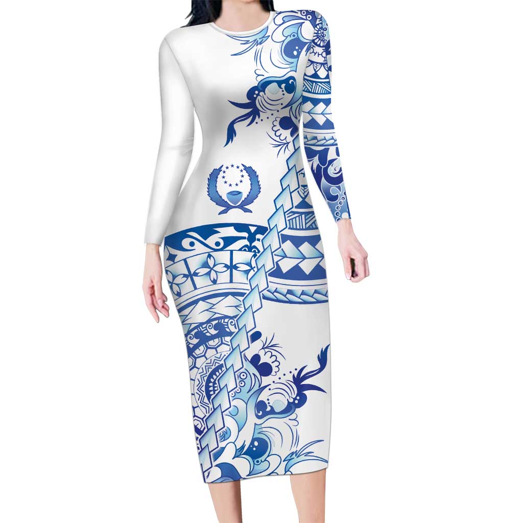 Pohnpei Liberation Day Long Sleeve Bodycon Dress Polynesian Floral Tattoo - Polynesian Pride