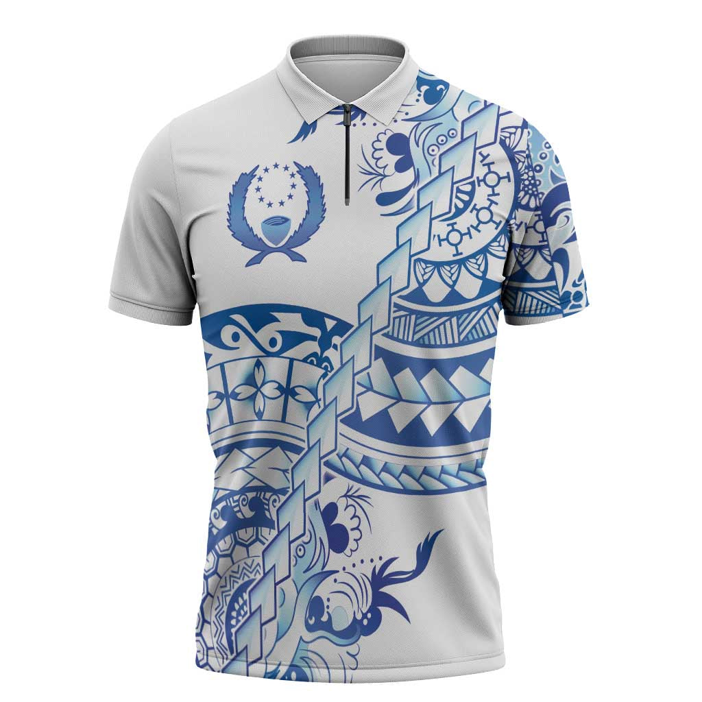 Pohnpei Liberation Day Zipper Polo Shirt Polynesian Floral Tattoo - Polynesian Pride