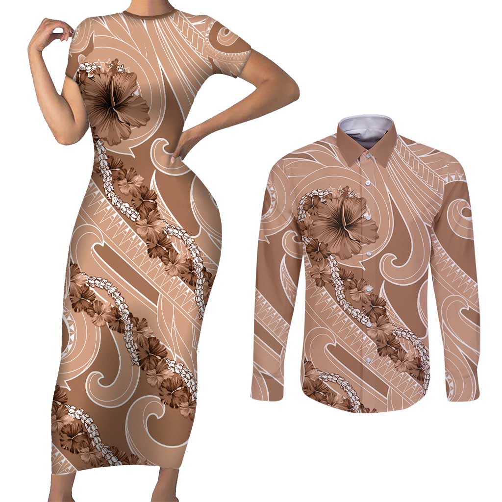 Hawaii Brown Hibiscus Pikake Lei Couples Matching Short Sleeve Bodycon Dress and Long Sleeve Button Shirt LT05 Brown - Polynesian Pride