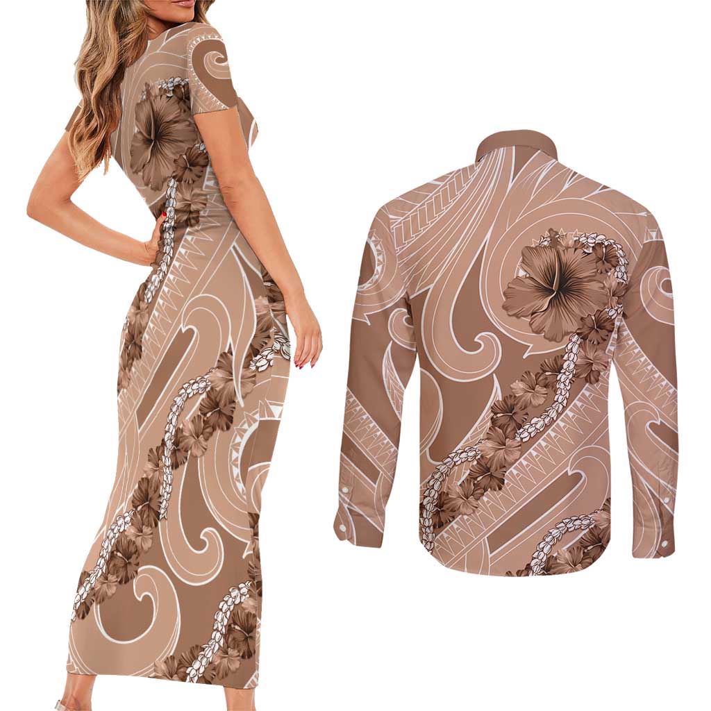 Hawaii Brown Hibiscus Pikake Lei Couples Matching Short Sleeve Bodycon Dress and Long Sleeve Button Shirt LT05 - Polynesian Pride