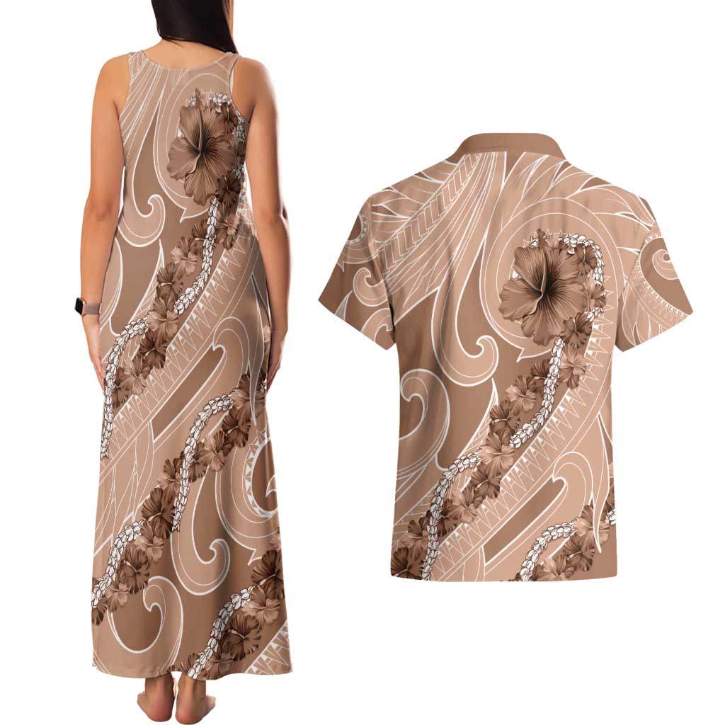 Hawaii Brown Hibiscus Pikake Lei Couples Matching Tank Maxi Dress and Hawaiian Shirt - Polynesian Pride