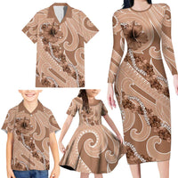 Hawaii Brown Hibiscus Pikake Lei Family Matching Long Sleeve Bodycon Dress and Hawaiian Shirt LT05 - Polynesian Pride