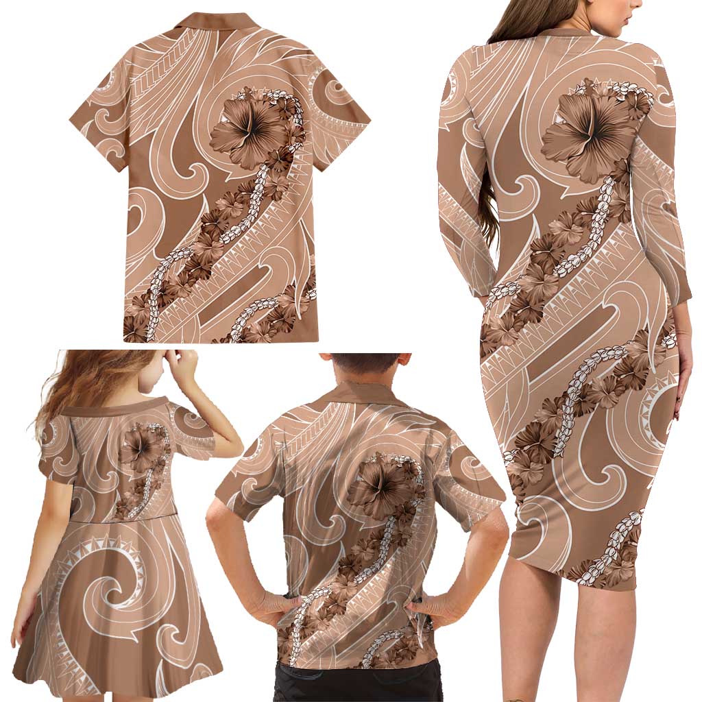Hawaii Brown Hibiscus Pikake Lei Family Matching Long Sleeve Bodycon Dress and Hawaiian Shirt LT05 - Polynesian Pride