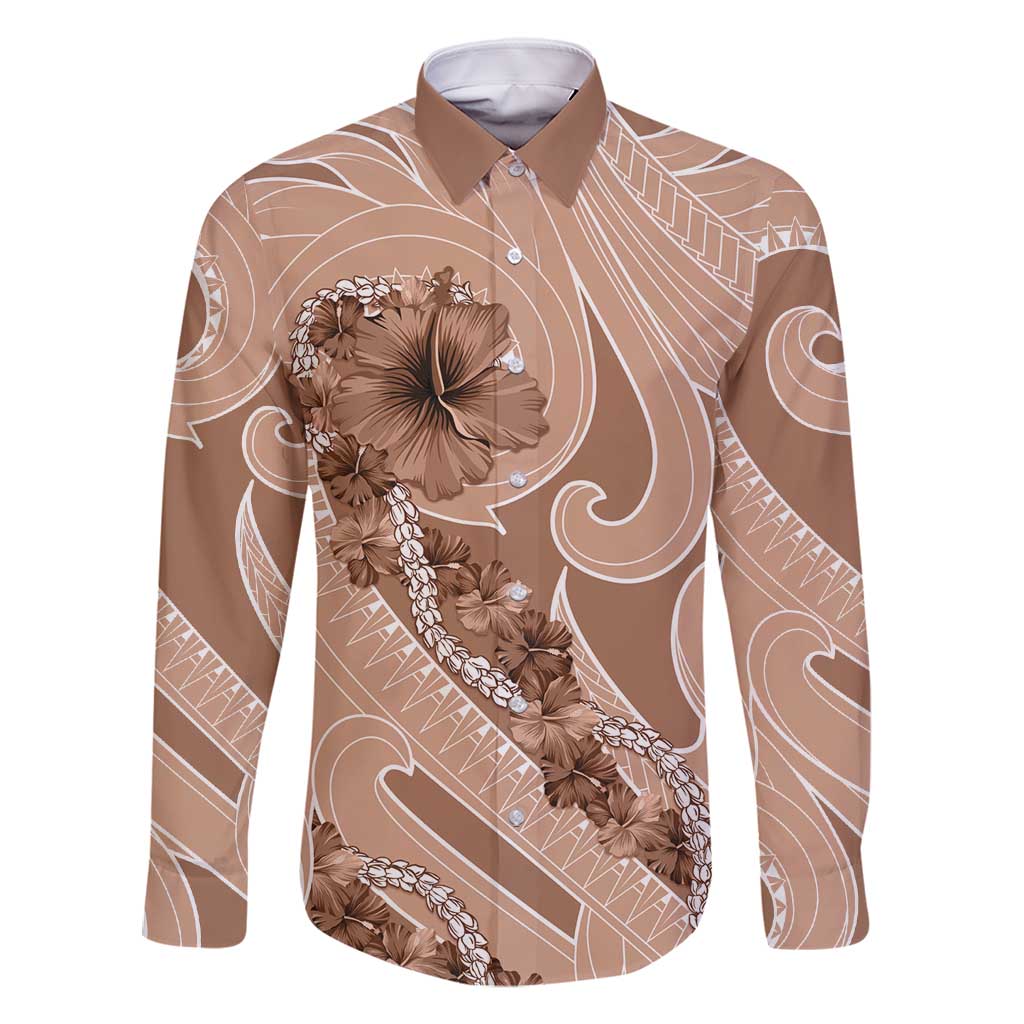 Hawaii Brown Hibiscus Pikake Lei Family Matching Long Sleeve Bodycon Dress and Hawaiian Shirt LT05 Dad's Shirt - Long Sleeve Brown - Polynesian Pride