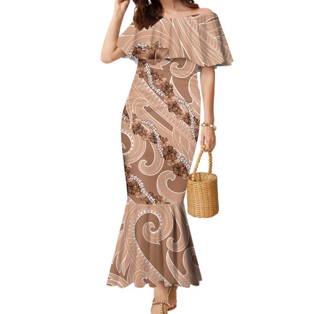 Hawaii Brown Hibiscus Pikake Lei Family Matching Mermaid Dress and Hawaiian Shirt LT05 Mom's Dress Brown - Polynesian Pride