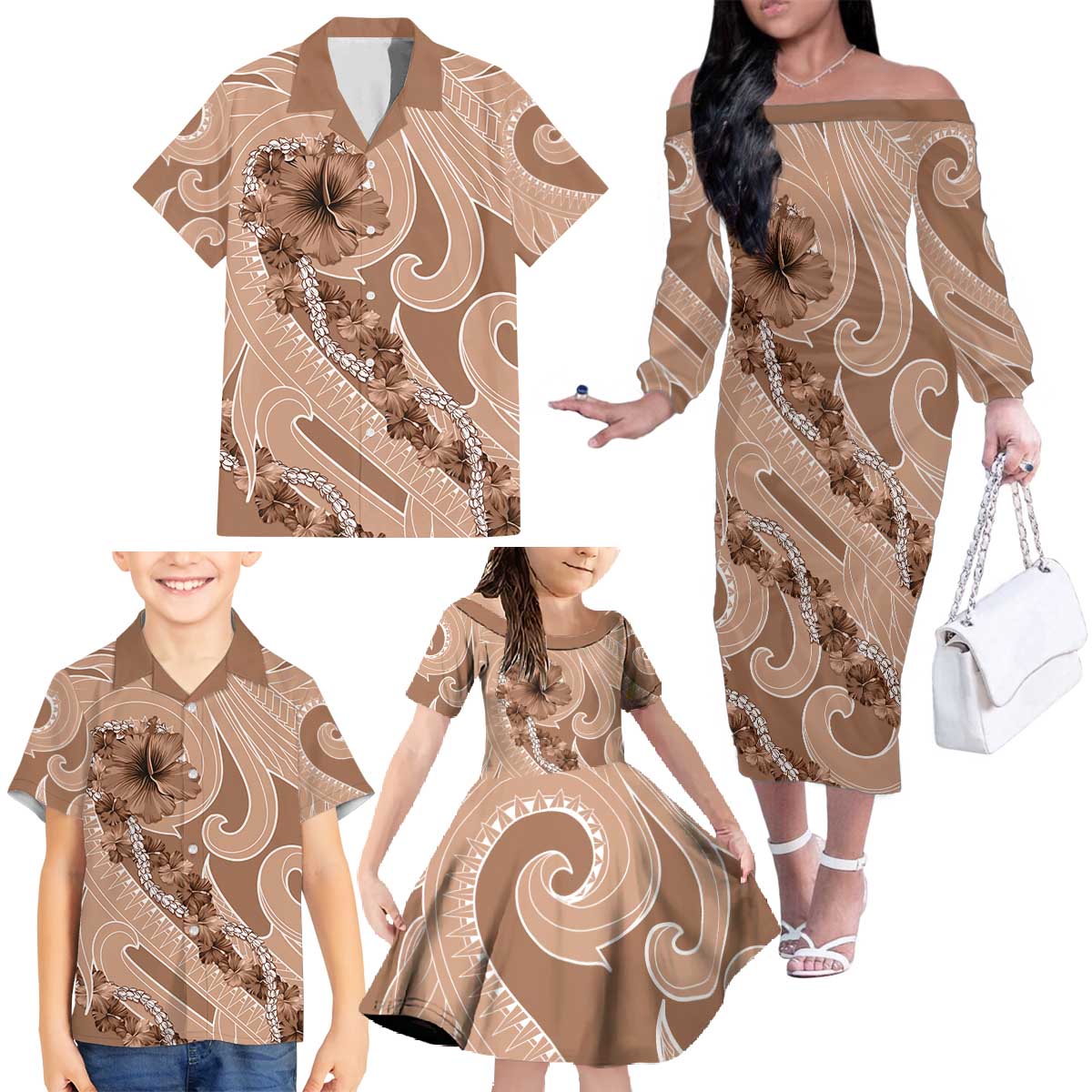 Hawaii Brown Hibiscus Pikake Lei Family Matching Off The Shoulder Long Sleeve Dress and Hawaiian Shirt LT05 - Polynesian Pride