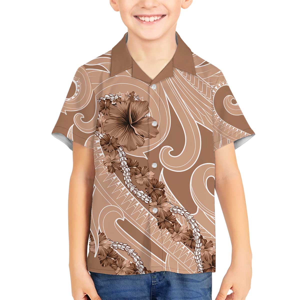 Hawaii Brown Hibiscus Pikake Lei Family Matching Off The Shoulder Long Sleeve Dress and Hawaiian Shirt LT05 Son's Shirt Brown - Polynesian Pride