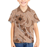 Hawaii Brown Hibiscus Pikake Lei Family Matching Off The Shoulder Long Sleeve Dress and Hawaiian Shirt LT05 Son's Shirt Brown - Polynesian Pride