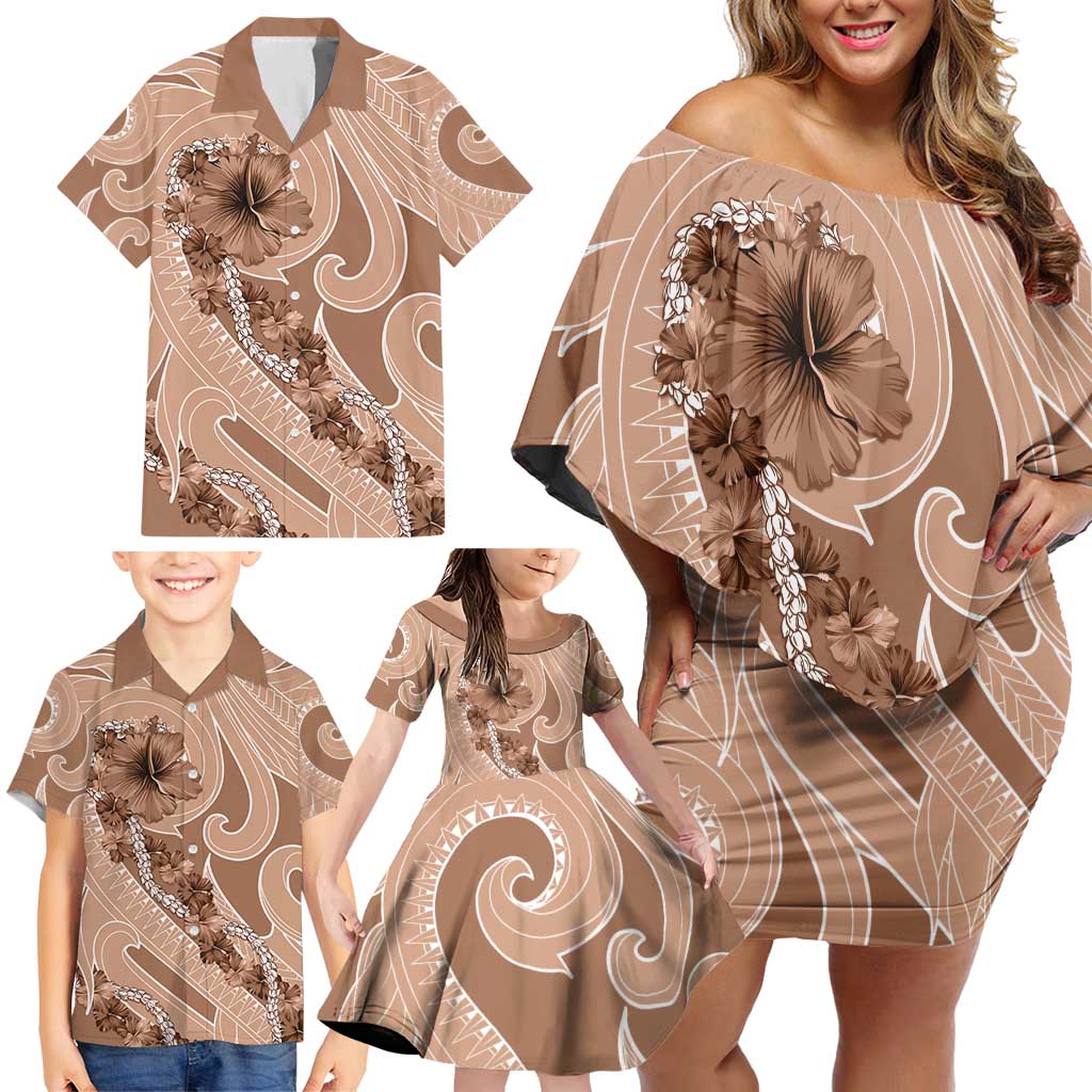 Hawaii Brown Hibiscus Pikake Lei Family Matching Off Shoulder Short Dress and Hawaiian Shirt LT05 - Polynesian Pride
