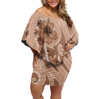Hawaii Brown Hibiscus Pikake Lei Family Matching Off Shoulder Short Dress and Hawaiian Shirt LT05 Mom's Dress Brown - Polynesian Pride