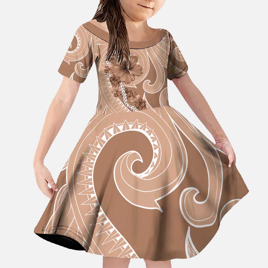 Hawaii Brown Hibiscus Pikake Lei Family Matching Short Sleeve Bodycon Dress and Hawaiian Shirt LT05 Daughter's Dress Brown - Polynesian Pride