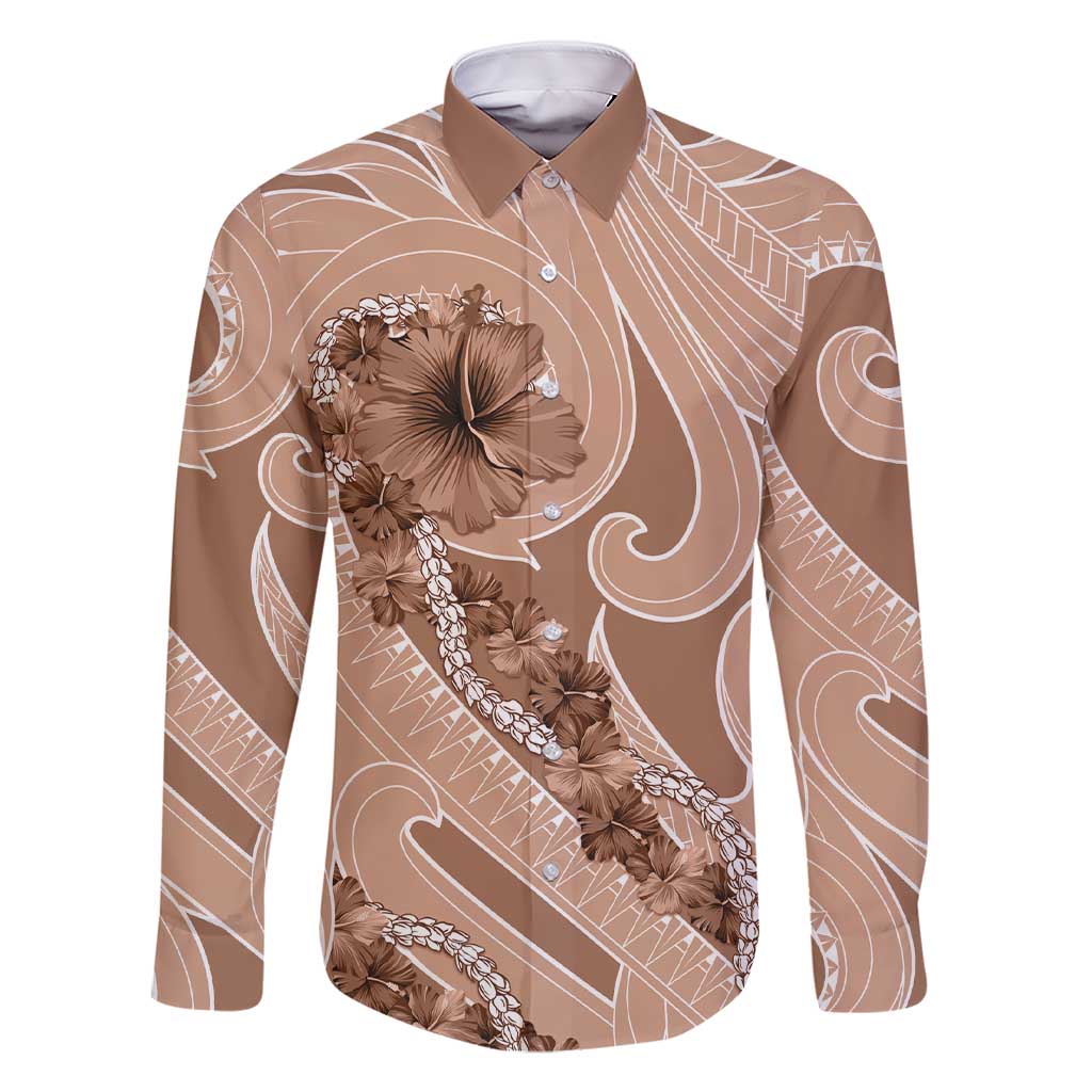 Hawaii Brown Hibiscus Pikake Lei Family Matching Short Sleeve Bodycon Dress and Hawaiian Shirt LT05 Dad's Shirt - Long Sleeve Brown - Polynesian Pride
