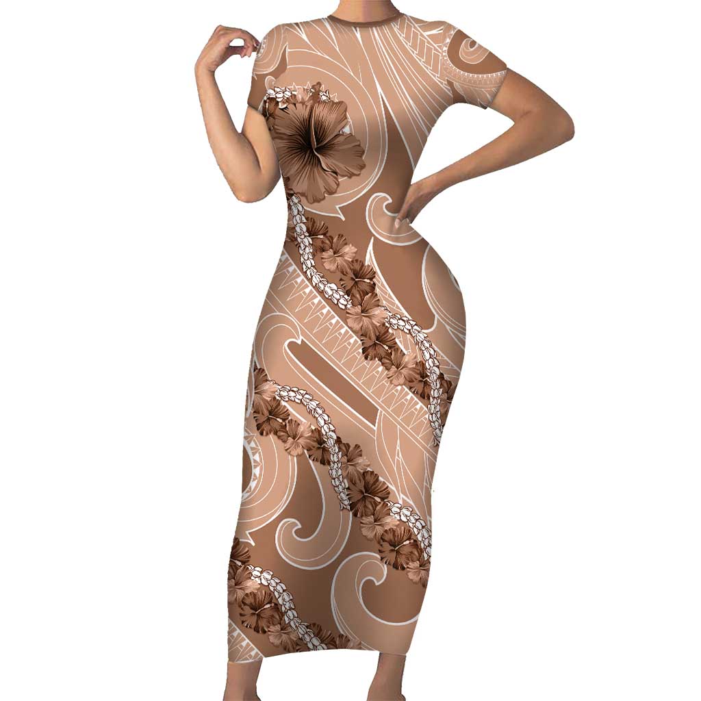 Hawaii Brown Hibiscus Pikake Lei Family Matching Short Sleeve Bodycon Dress and Hawaiian Shirt LT05 Mom's Dress Brown - Polynesian Pride