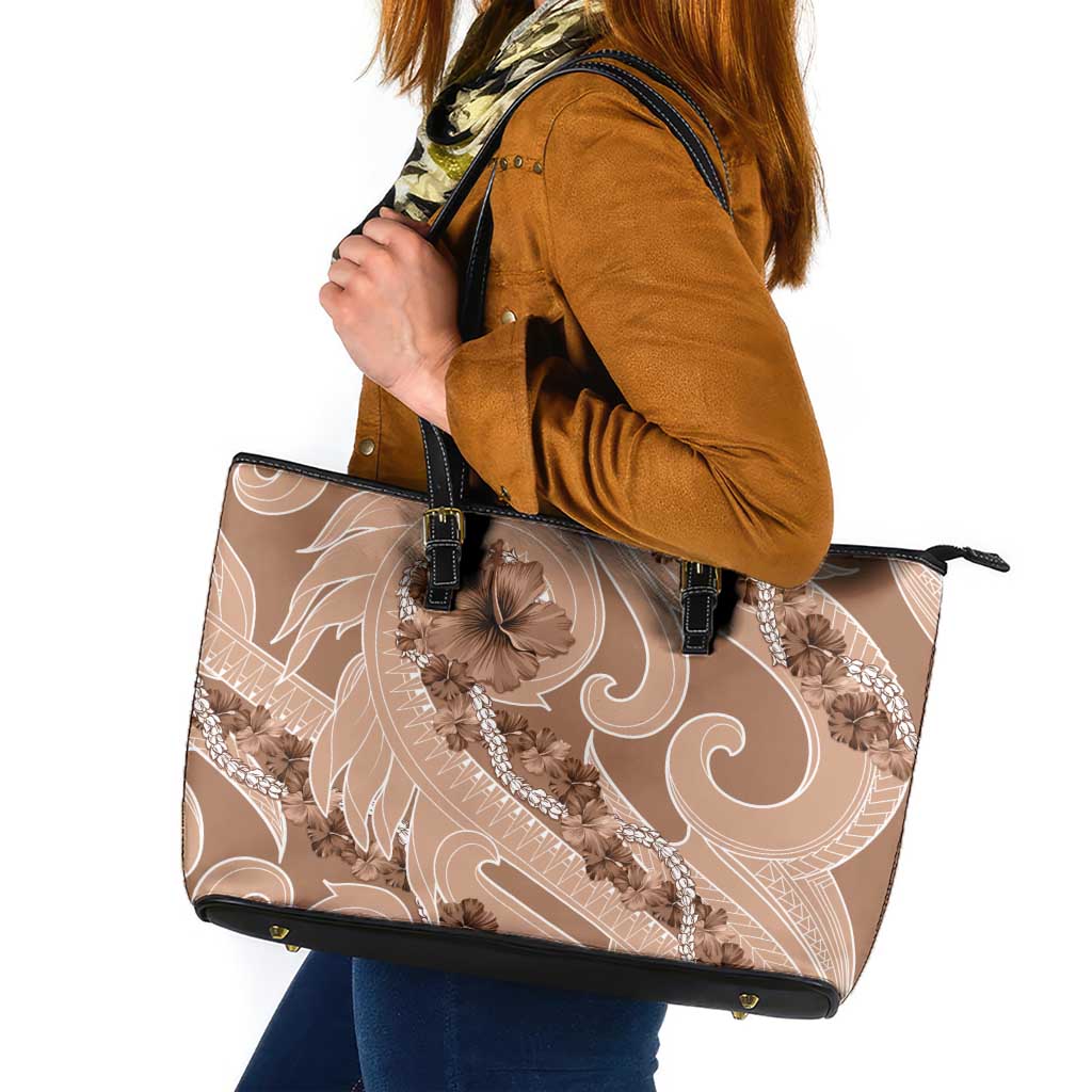 Hawaii Brown Hibiscus Pikake Lei Leather Tote Bag - Polynesian Pride