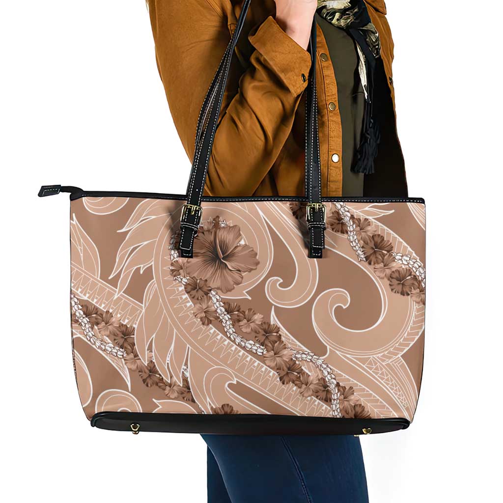 Hawaii Brown Hibiscus Pikake Lei Leather Tote Bag - Polynesian Pride