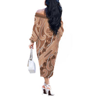 Hawaii Brown Hibiscus Pikake Lei Off The Shoulder Long Sleeve Dress - Polynesian Pride