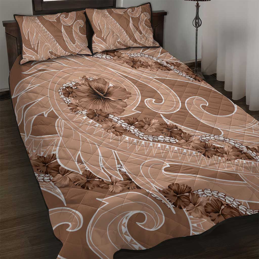 Hawaii Brown Hibiscus Pikake Lei Quilt Bed Set - Polynesian Pride