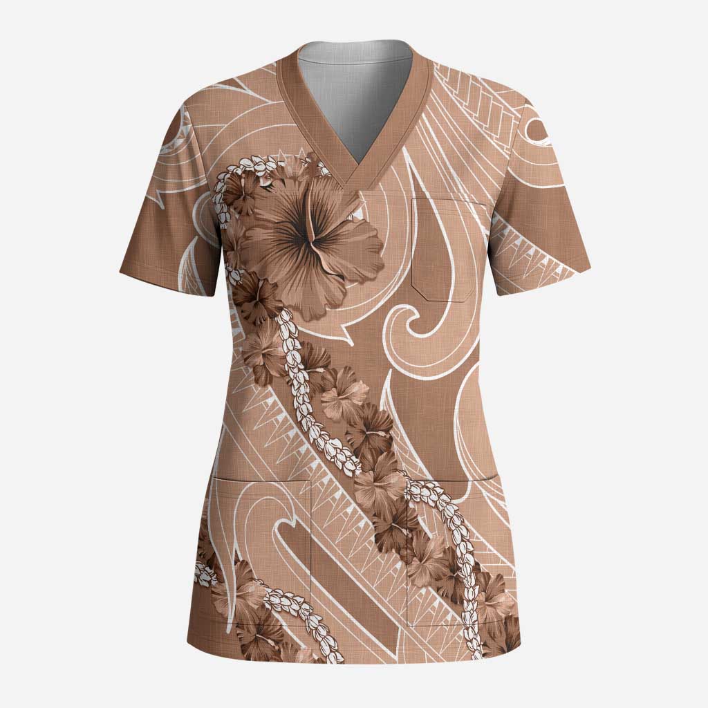 Hawaii Brown Hibiscus Pikake Lei Scrub Top - Polynesian Pride