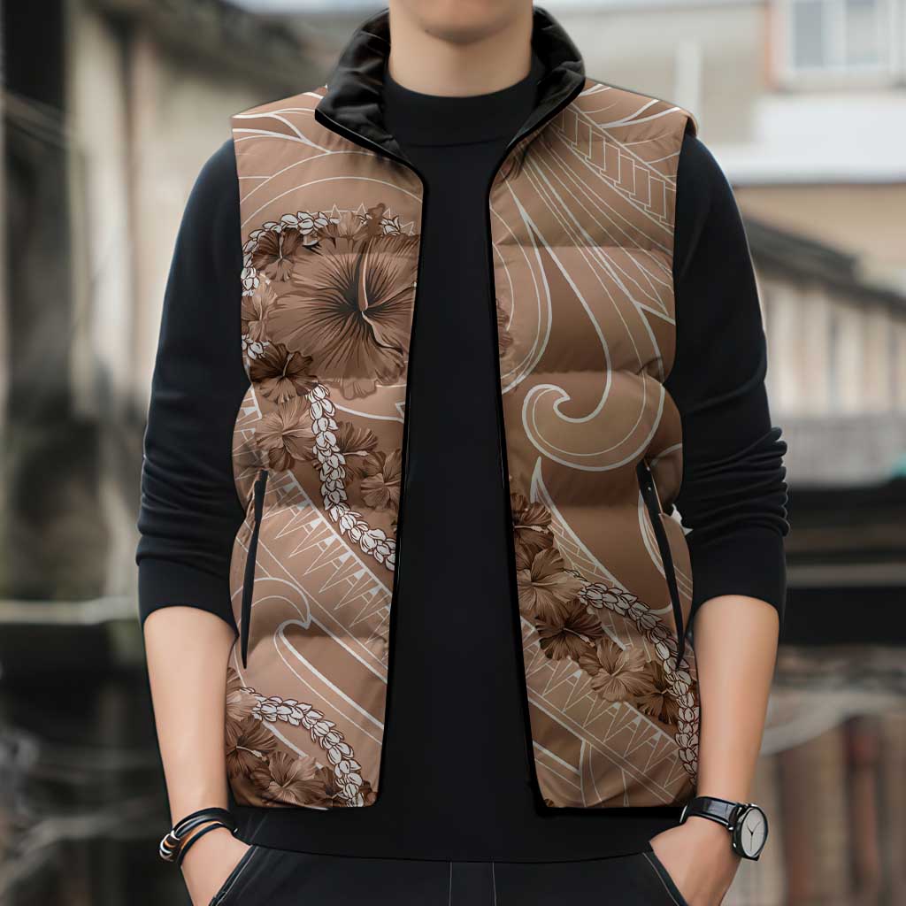 Hawaii Brown Hibiscus Pikake Lei Sleeveless Puffer Jacket - Polynesian Pride