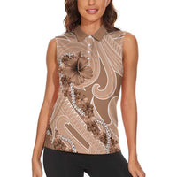 Hawaii Brown Hibiscus Pikake Lei Women Sleeveless Polo Shirt - Polynesian Pride
