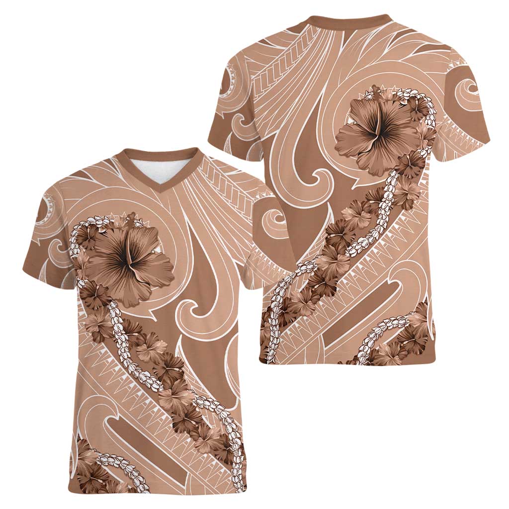 Hawaii Brown Hibiscus Pikake Lei Women V-Neck T-Shirt - Polynesian Pride