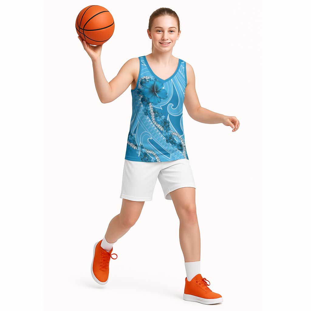 Hawaii Blue Hibiscus Pikake Lei Basketball Jersey - Polynesian Pride