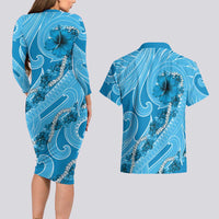 Hawaii Blue Hibiscus Pikake Lei Couples Matching Long Sleeve Bodycon Dress and Hawaiian Shirt - Polynesian Pride