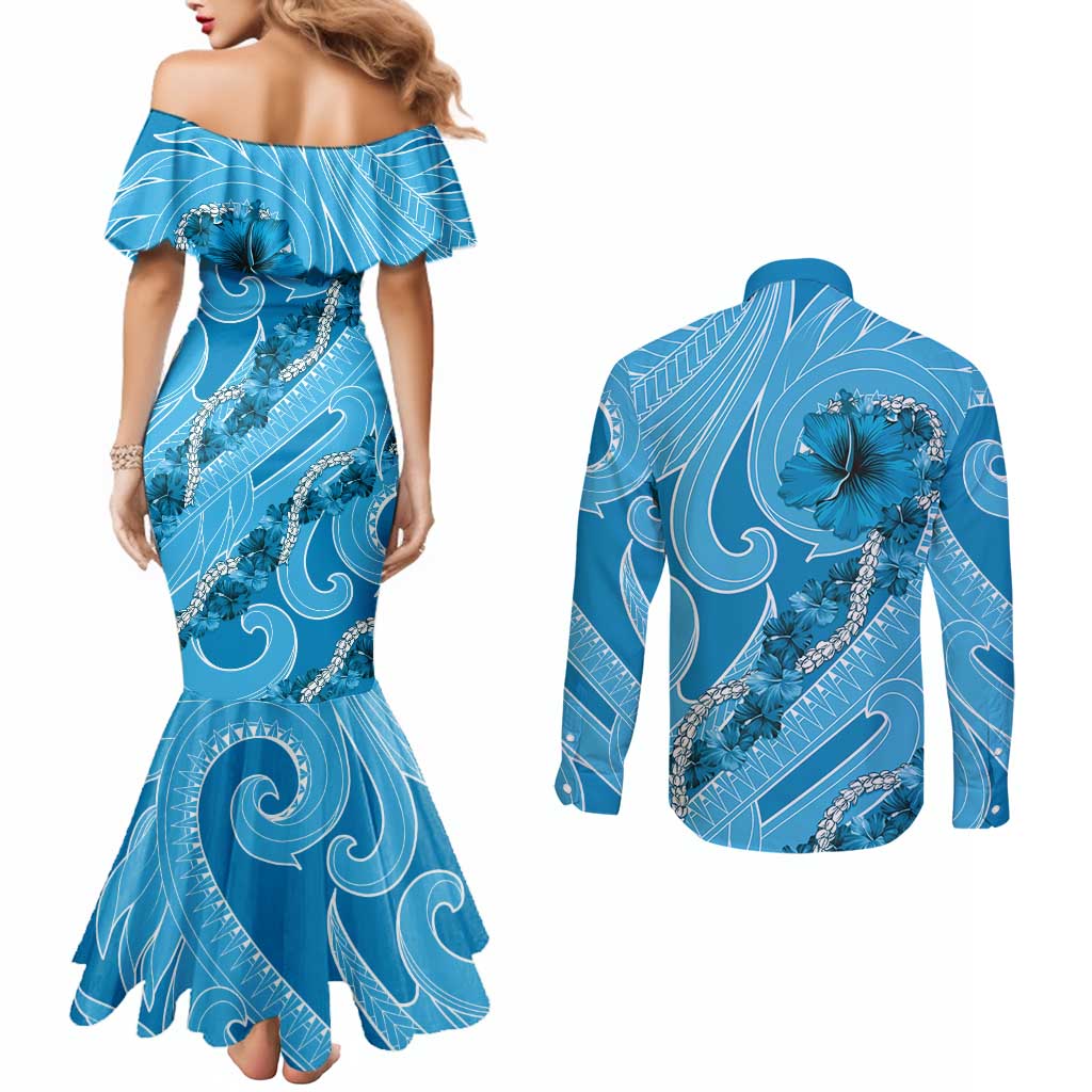 Hawaii Blue Hibiscus Pikake Lei Couples Matching Mermaid Dress and Long Sleeve Button Shirt - Polynesian Pride