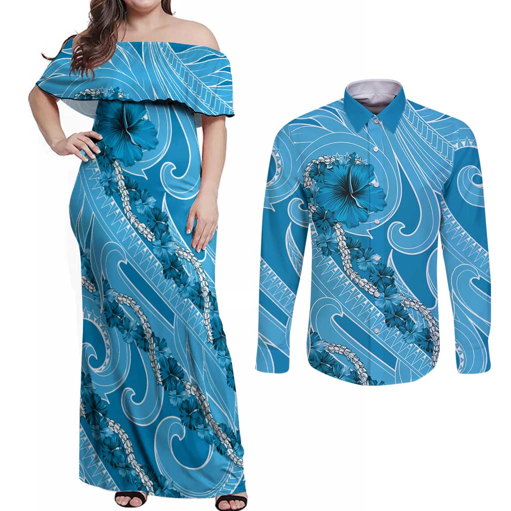 Hawaii Blue Hibiscus Pikake Lei Couples Matching Off Shoulder Maxi Dress and Long Sleeve Button Shirt - Polynesian Pride
