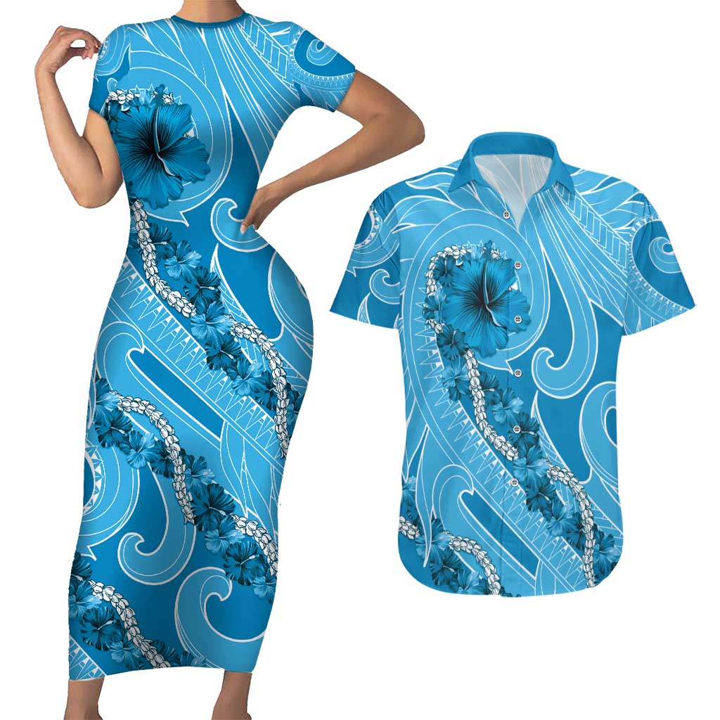 Hawaii Blue Hibiscus Pikake Lei Couples Matching Short Sleeve Bodycon Dress and Hawaiian Shirt - Polynesian Pride