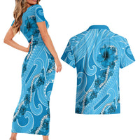 Hawaii Blue Hibiscus Pikake Lei Couples Matching Short Sleeve Bodycon Dress and Hawaiian Shirt - Polynesian Pride