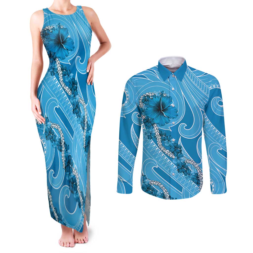 Hawaii Blue Hibiscus Pikake Lei Couples Matching Tank Maxi Dress and Long Sleeve Button Shirt - Polynesian Pride